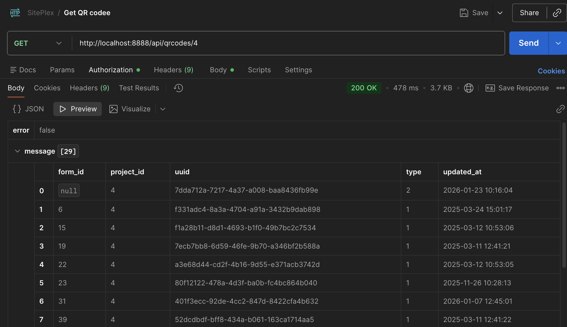 SitePlex API response example